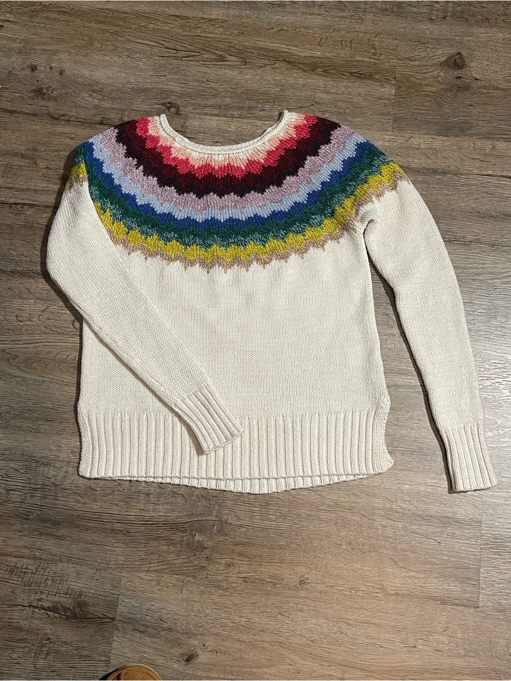 American Eagle Outfitters Ivory Crewneck Sweater with Rainbow Yoke
